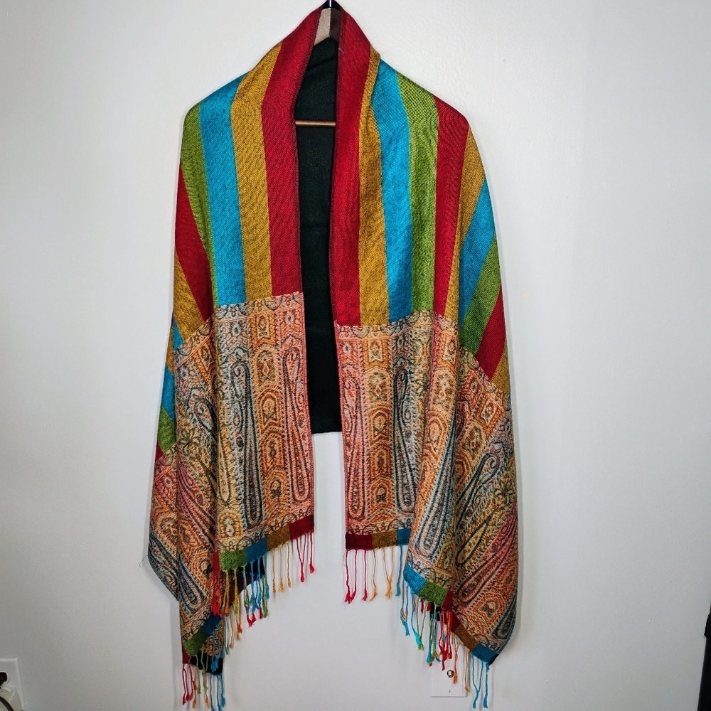 Pashmina Style Boho Paisley Rainbow Stripe Fringe Scarf Shawl Cover Up One Size‎ - Picture 13 of 13